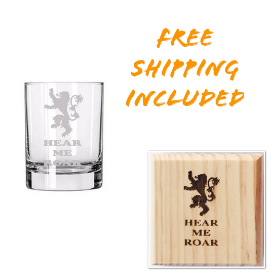 Lion Rocks/Whiskey Glass and Wooden Coaster Set