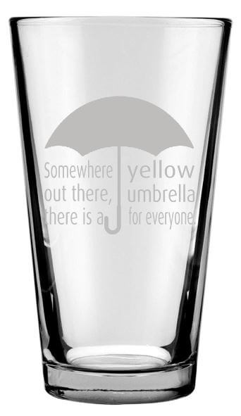 Glassware Set of Four Engraved 16 Ounce Drinking Glasses: Yellow Umbrella, Blue French Horn, Ducky Tie Suit up and Ted's Red Cowboy Boots